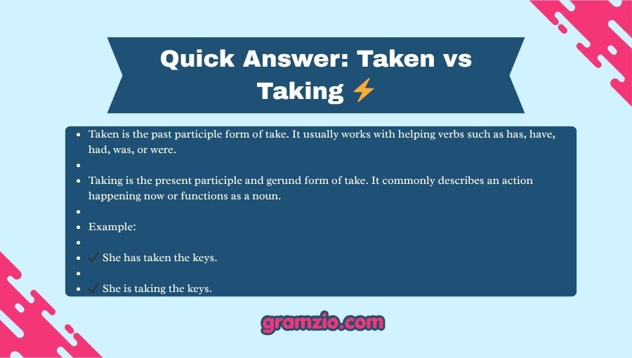 Taken vs Taking